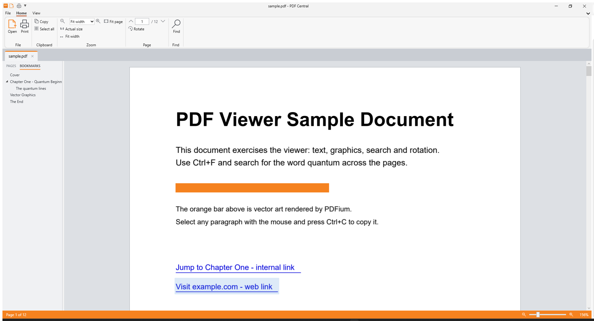 PDF Central showing a document with the bookmarks panel open